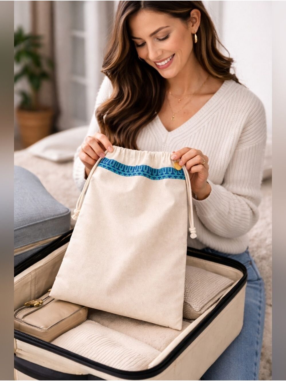 Tory Burch Canvas Drawstring Dust Bag Beige Storage Bag